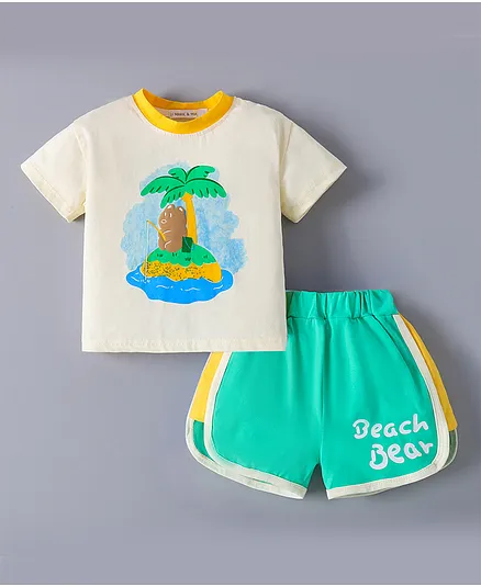Mark & Mia Cotton Short Sleeves T-Shirts & Shorts with Bear & Beach Bear Text Print - Beige