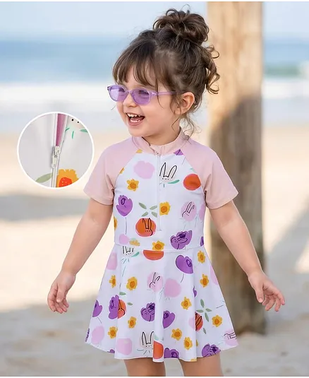 Mark & Mia Half Raglan Sleeves Animal Printed Frock Swimsuit - White & Pink