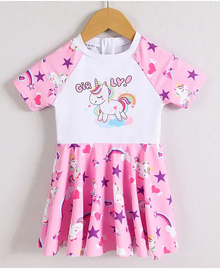 Mark & Mia Half Raglan Sleeves Frock Swimsuit With Unicorn Print - White & Pink