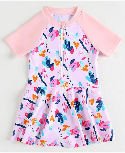 Mark & Mia Half Raglan Sleeves Printed Frock Swimsuit - Pink