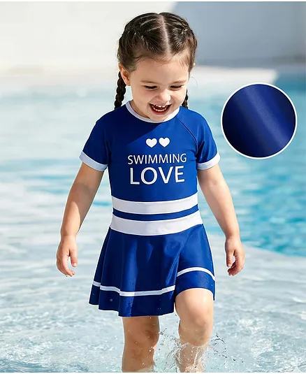 Mark & Mia Half Sleeves Frock Swimsuit With Text Print - Blue