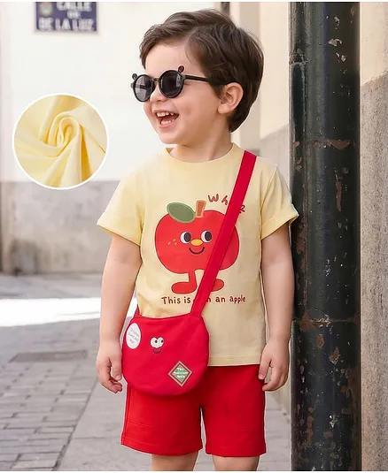 Mark & Mia Half Sleeves T-Shirt & Shorts Set with Apple Print & Sling Bag - Beige & Red