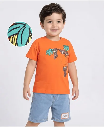 Mark & Mia Knitted Half Sleeves T-Shirt & Denim Shorts with Animal Print - Orange & Light Blue
