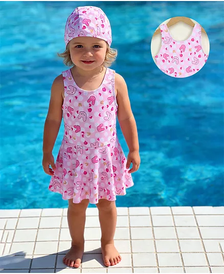 Mark & Mia Sleeveless Bunny Printed Frock Swimsuit - Pink