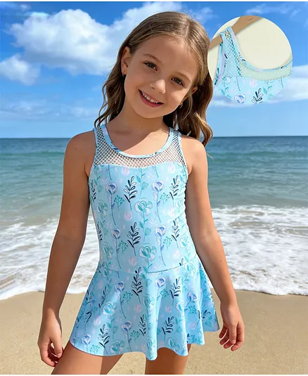 Mark & Mia Sleeveless Floral Printed Frock Swimsuit - Light Blue