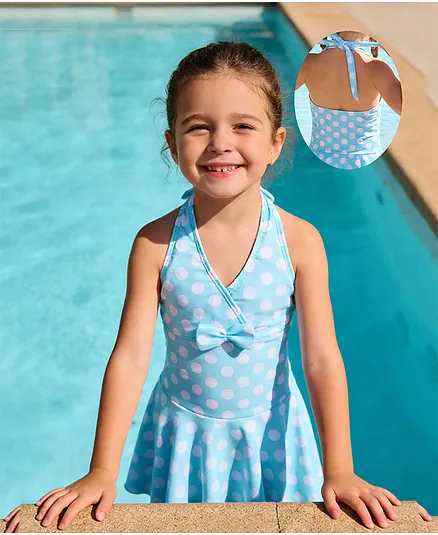 Mark & Mia Sleeveless Frock Swimsuit with Bow Applique & Polka Dot Print - Light Blue