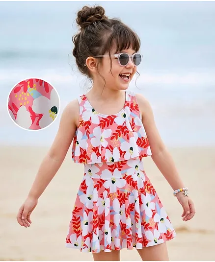 Mark & Mia Sleeveless Frock Swimsuit with Floral Print - Pink