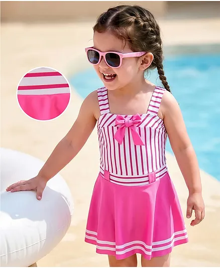 Mark & Mia Sleeveless Frock Swimsuit With Stripes - Pink