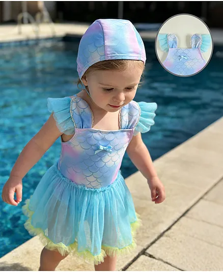 Mark & Mia Sleeveless Shells Printed Frock Swimsuit With Cap - Light Blue