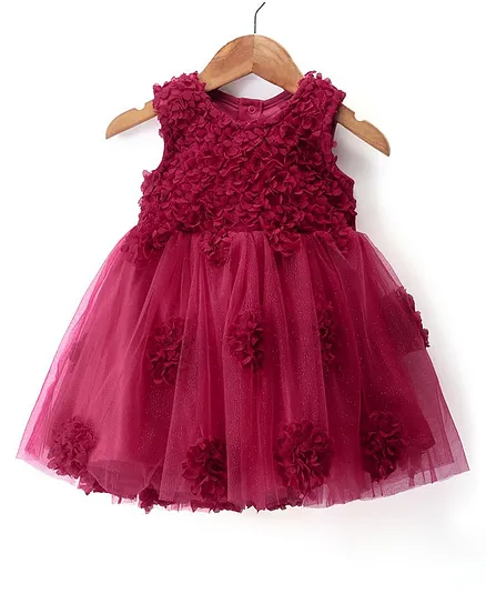 Mark & Mia Sleeveless Shimmered Party  Frock Style Onesie with Floral Applique - Fuschia