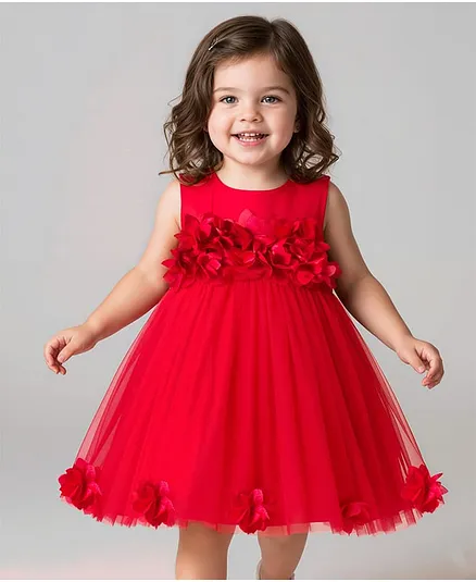 Mark & Mia Sleeveless Solid Color Corsage Detailing Flared Frock Style Party Onesie - Red