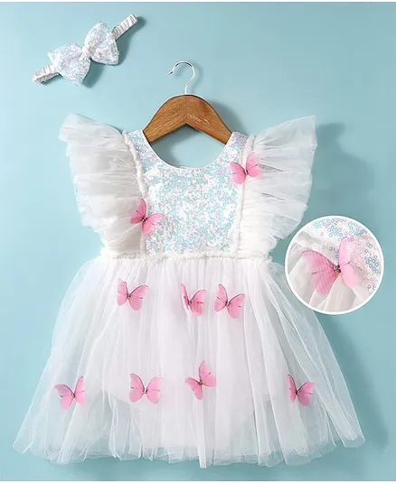 Mark & Mia Woven Frill Sleeves Sequined Frock Style Party Onesie with Headband & Butterfly Applique - Ivory