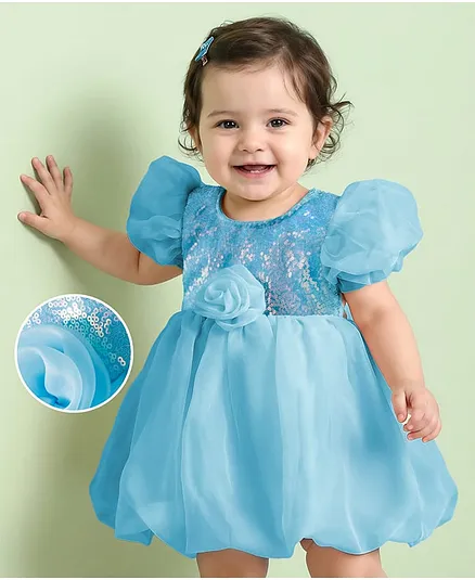 Mark & Mia Woven Half Puffed Sleeves Frock Style Party Onesie with Floral Applique & Sequin Detailing - Light Blue