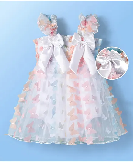 Mark & Mia Woven Sleeveless Party Frock Style Onesie with Bow Applique & Butterfly Print - Off White