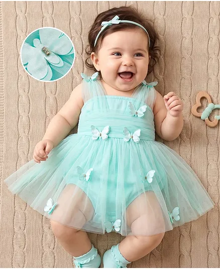 Mark & Mia Woven Sleeveless Party Frock Style Onesie With Butterfly Applique - Sea Green