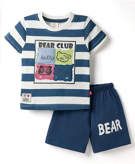 Mini Donuts Cotton Knit Sinker Half Sleeves Striped T-Shirt and Shorts Set Bear Print - Navy Blue