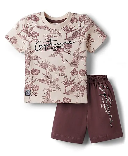 Mini Donuts Sinker Knit Half Sleeves Tropical Theme & Text Printed T-Shirt & Shorts Set - Brown