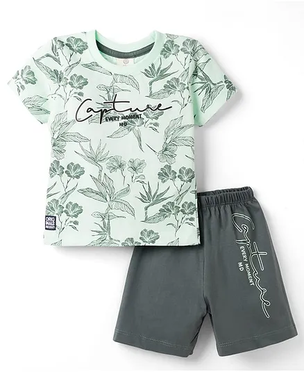 Mini Donuts Sinker Knit Half Sleeves Tropical Theme & Text Printed T-Shirt & Shorts Set - Light Green