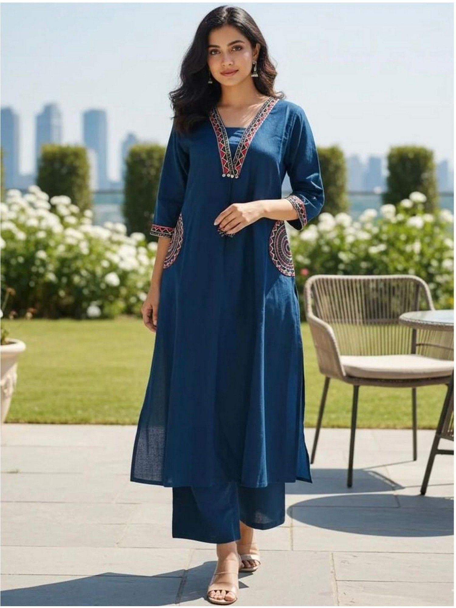 Miravan Blue Cotton Embroidered Kurta with Palazzo