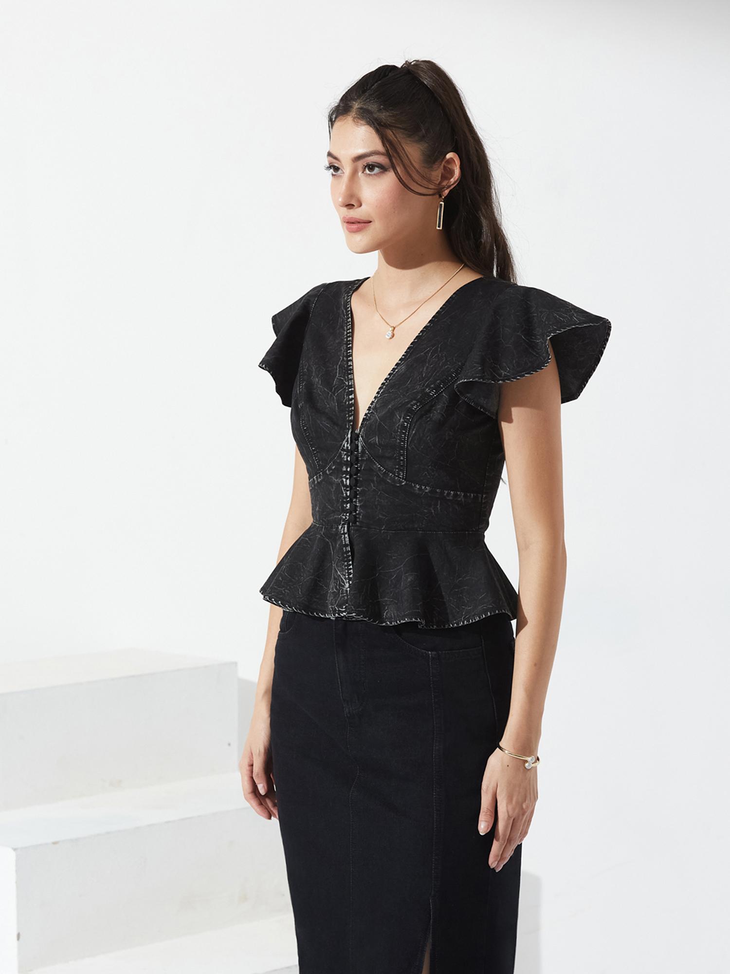 Miss Chase Black Denim Half Sleeves Crop Top