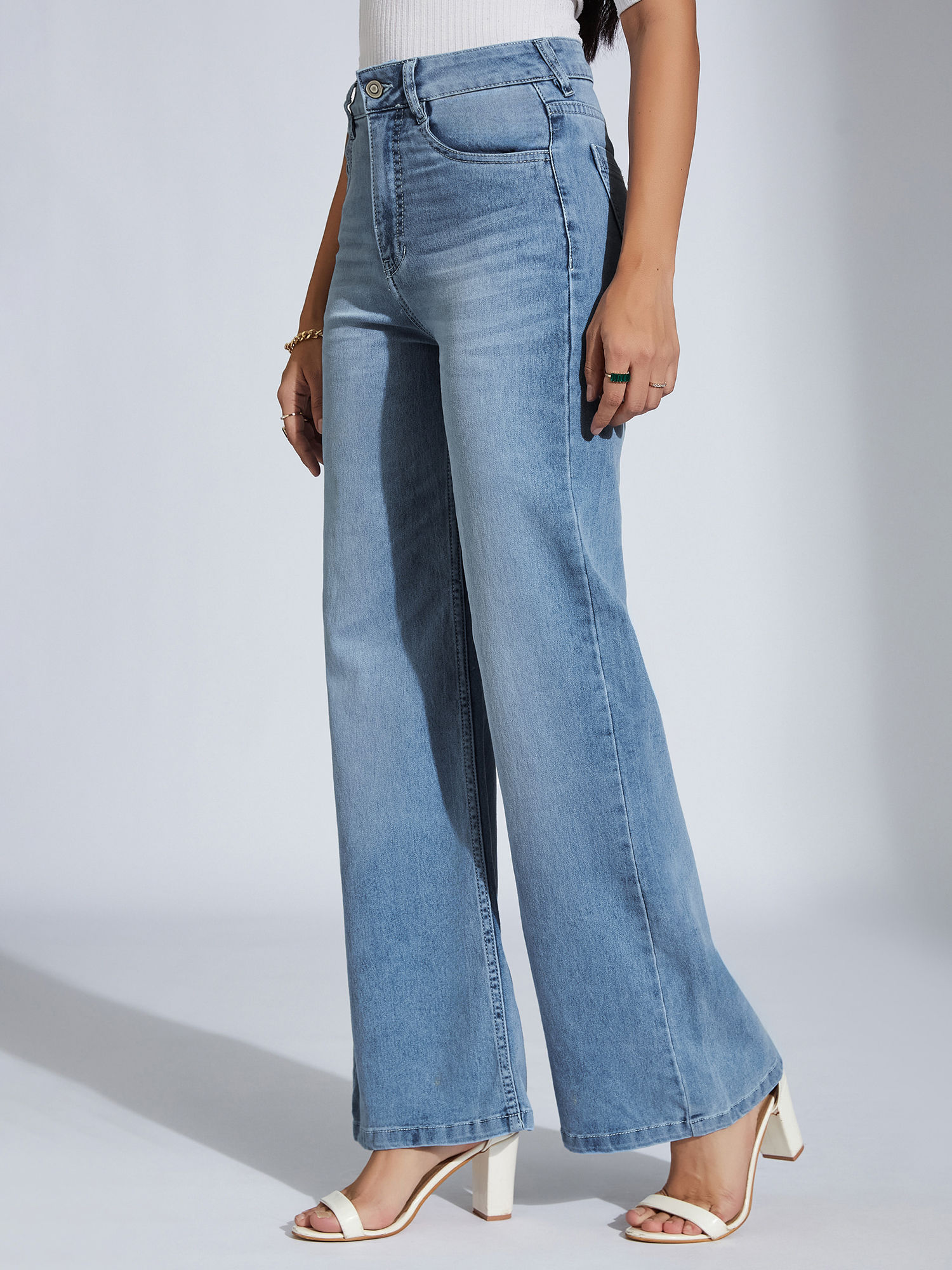 Miss Chase Women Light Blue Wide-Leg High-Rise Regular Stretchable Jeans