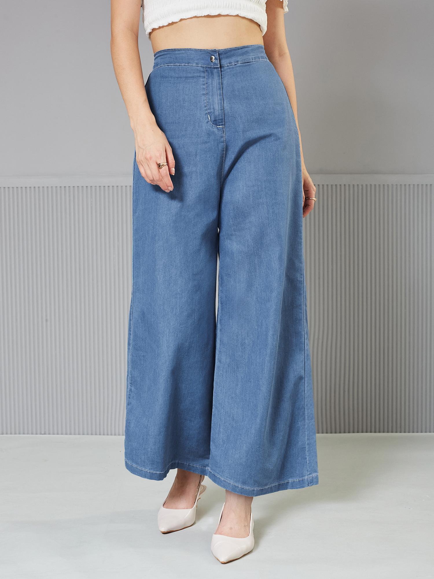 Miss Chase Womens Blue Flared Wide Leg High Rise Non Stretchable Denim Jeans