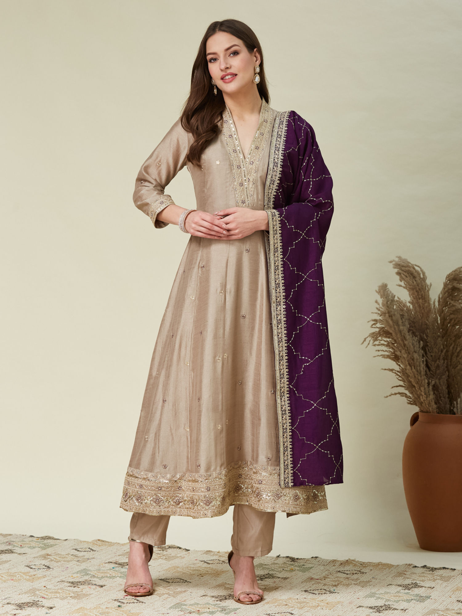 MOKOSH Grey Silk Embroidered Festive Anarkali Kurta & Pant with Dupatta
