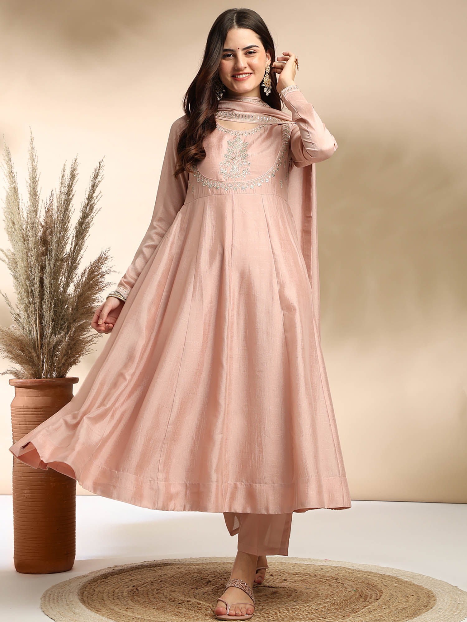 MOKOSH Women Pink Embroidered Anarkali Kurta with Pant and Dupatta