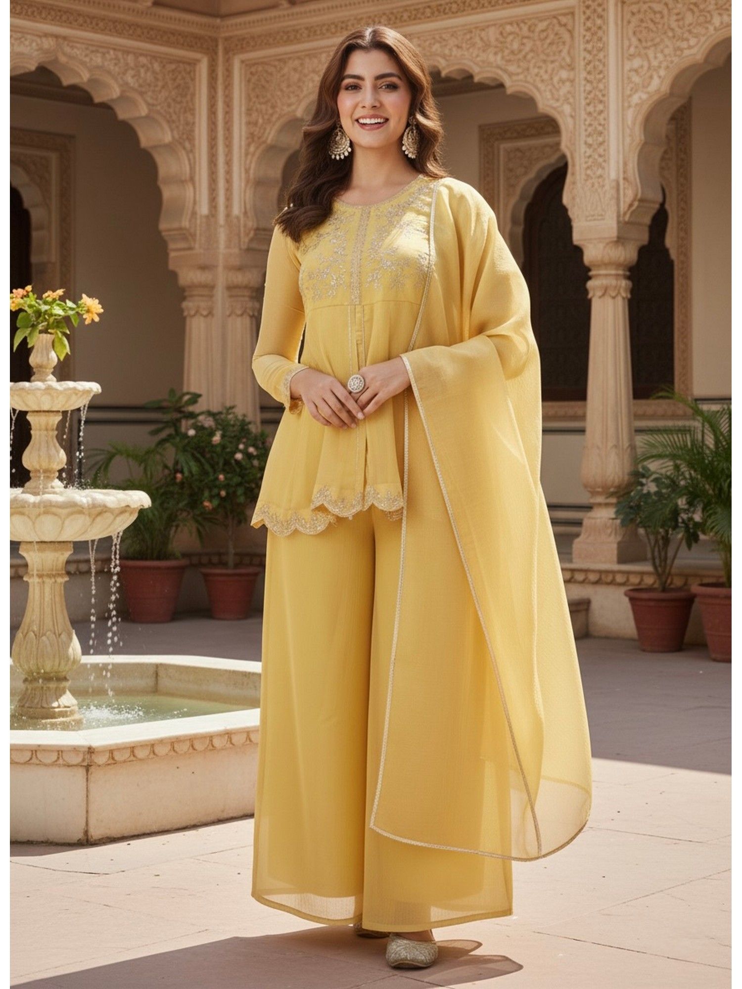 MOKOSH Women Yellow Embroidered Silk Peplum Kurta with Palazzo and Dupatta
