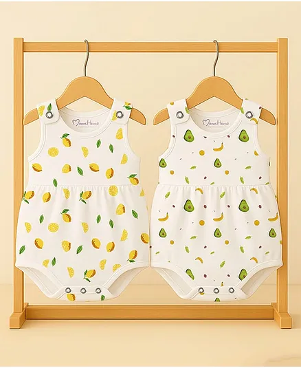 Mom's Home Organic Cotton Knit Pack Of 2 Sleeveless Avocado & Lemon Printed Dress Style Onesie - White