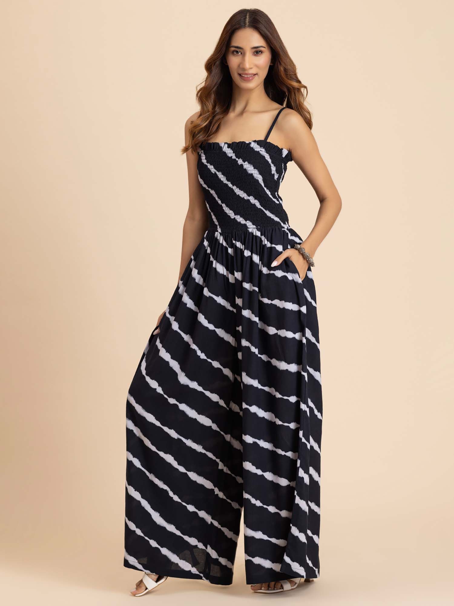 Moomaya Black Shoulder Straps Full Leg Printed Rayon Women's Stylish Jumpsuit