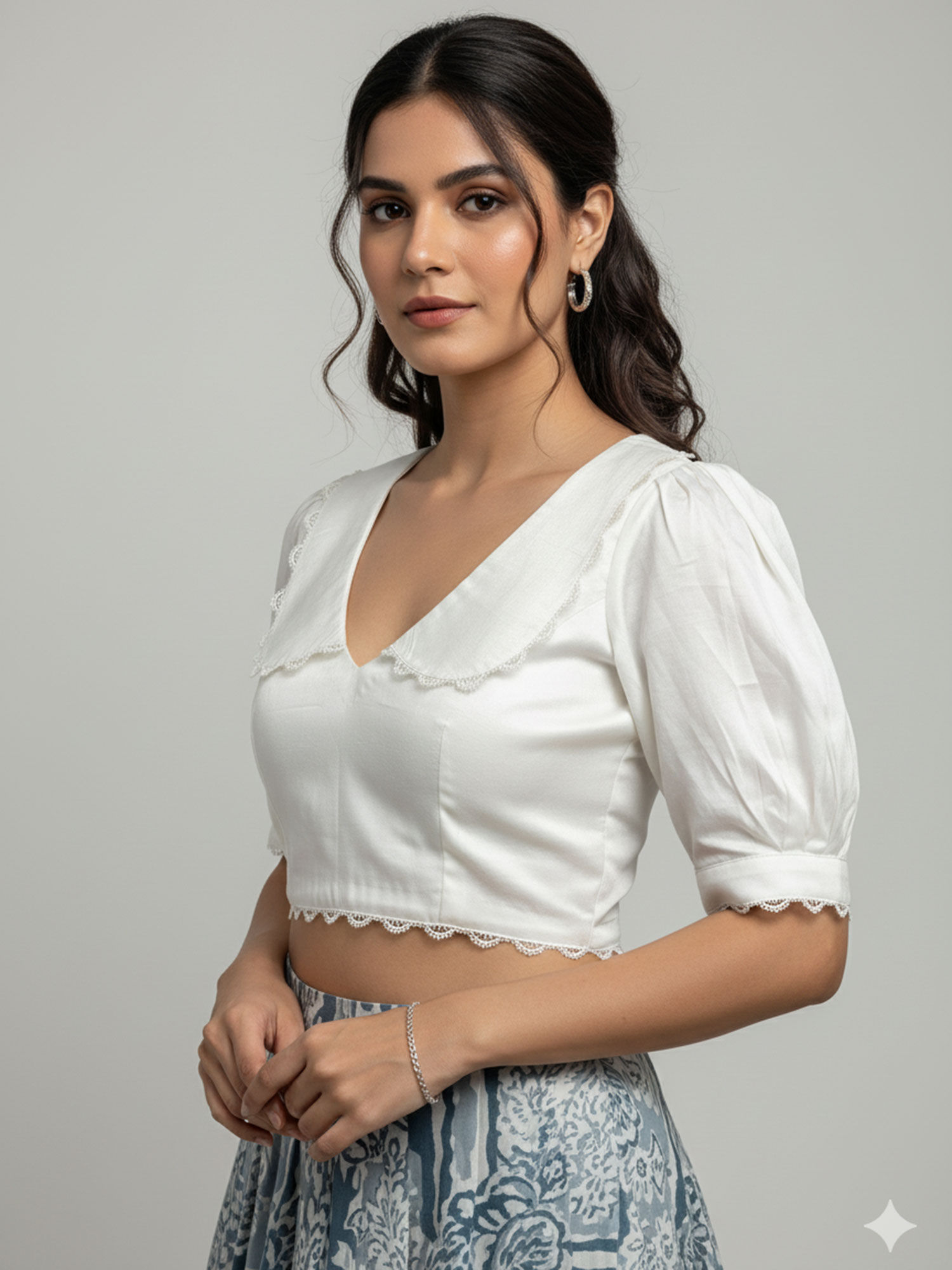Moora White Satin Puff Sleeves V-Neck Stitched Blouse