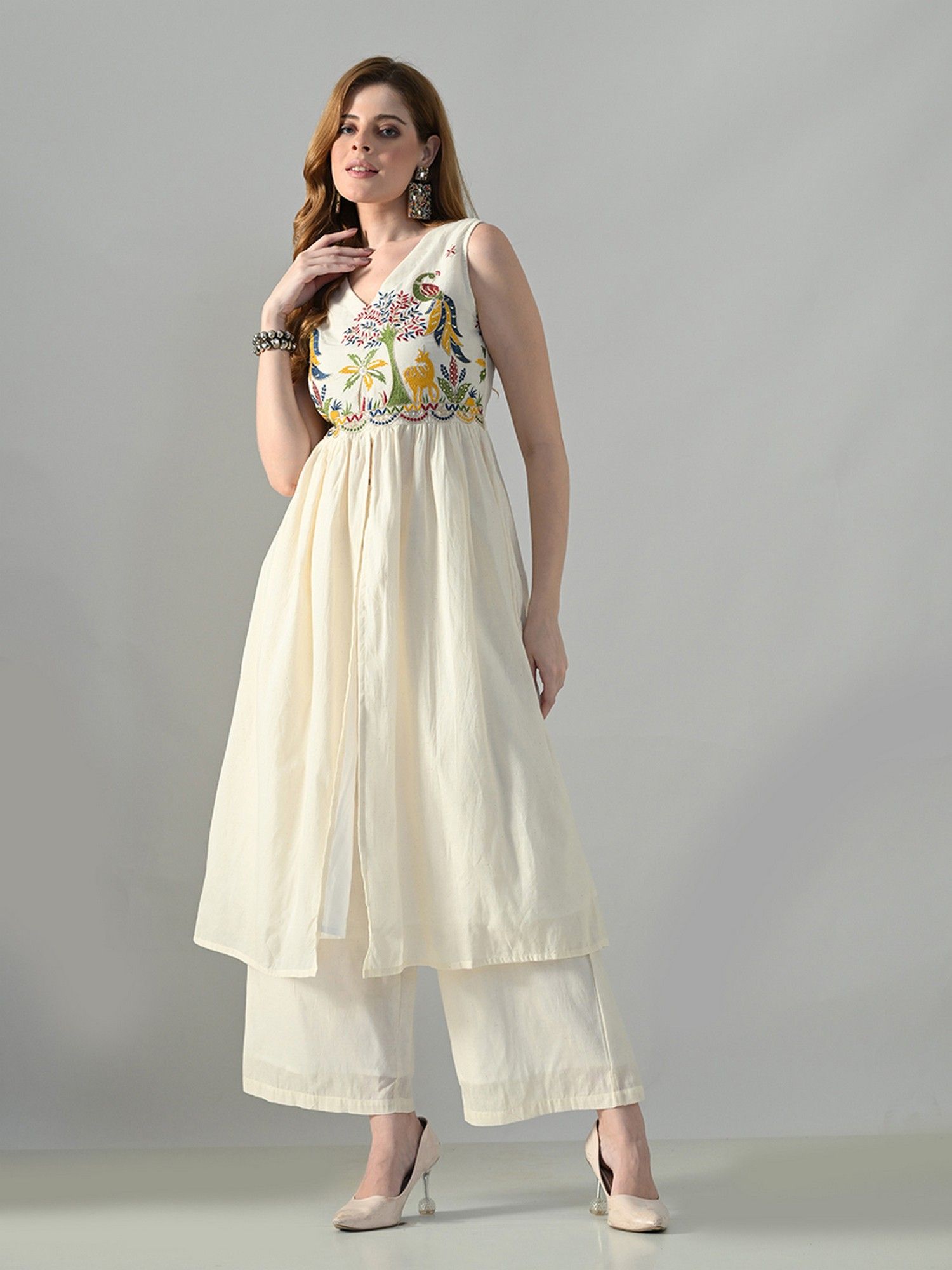 MYSHKA Off White Embroidered V-Neck Pure Cotton Kurta with Palazzo