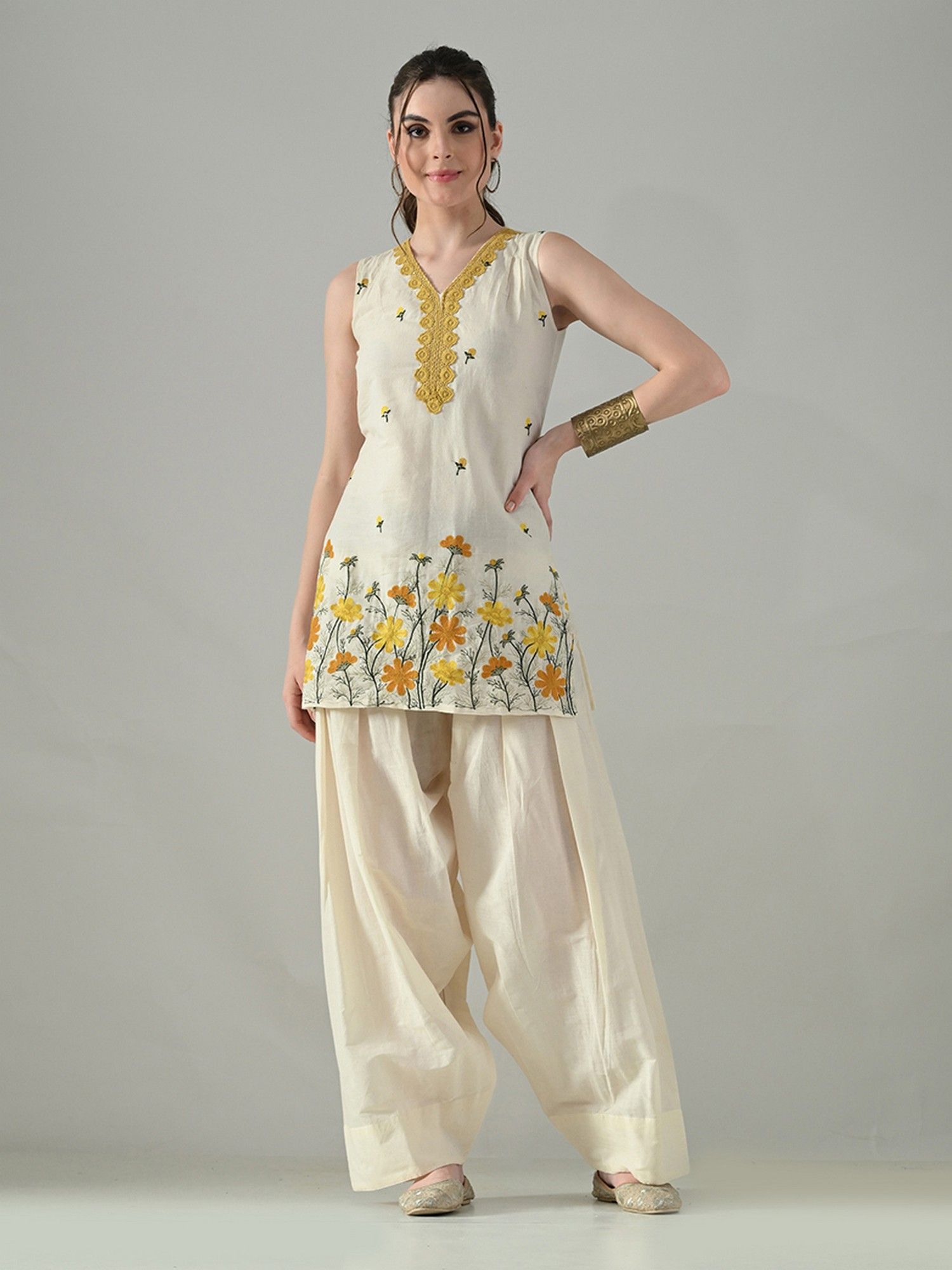 MYSHKA Off White Embroidered V-Neck Pure Cotton Kurta with Salwar