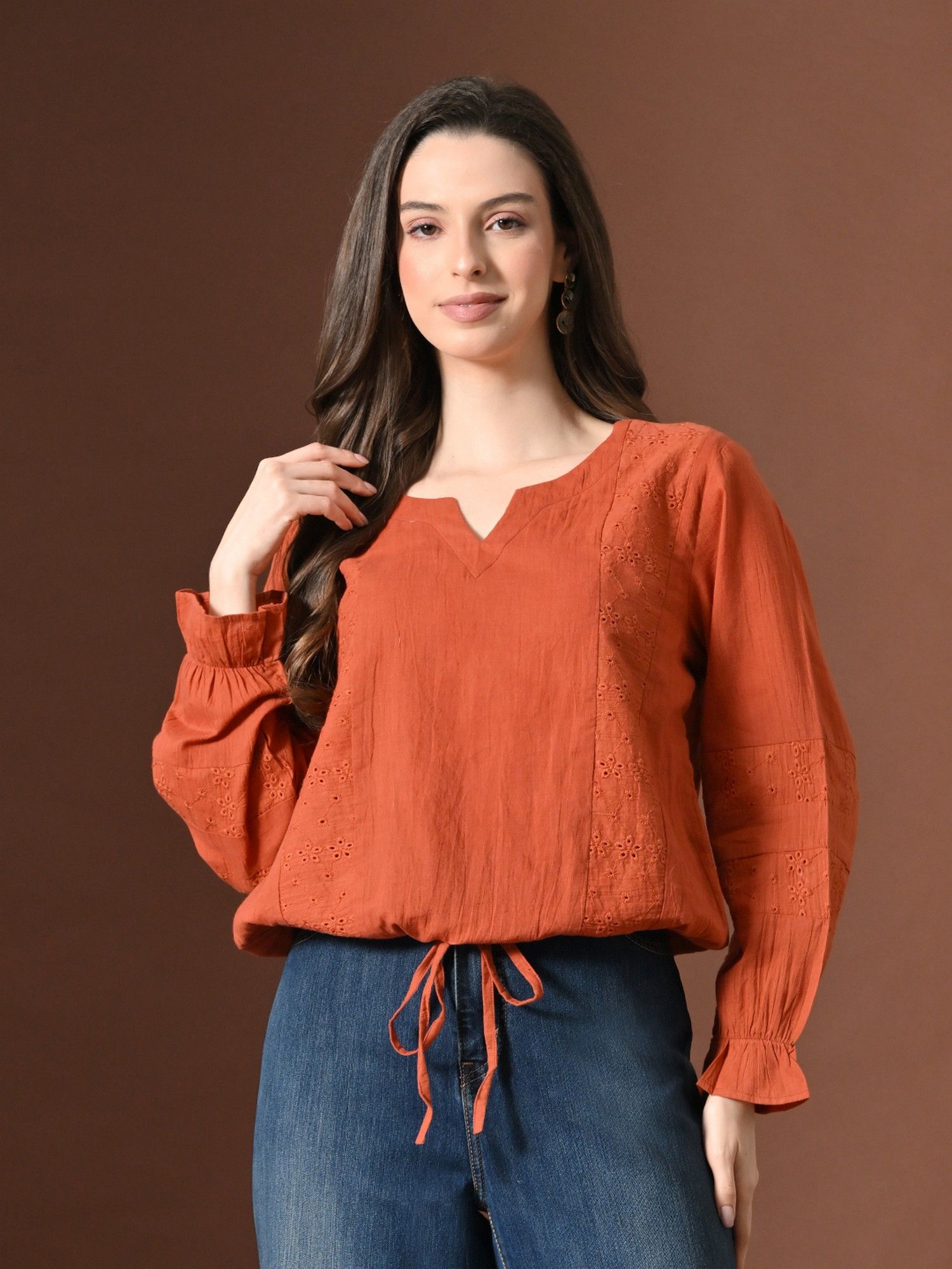 MYSHKA Rust Cotton Embroidered Top
