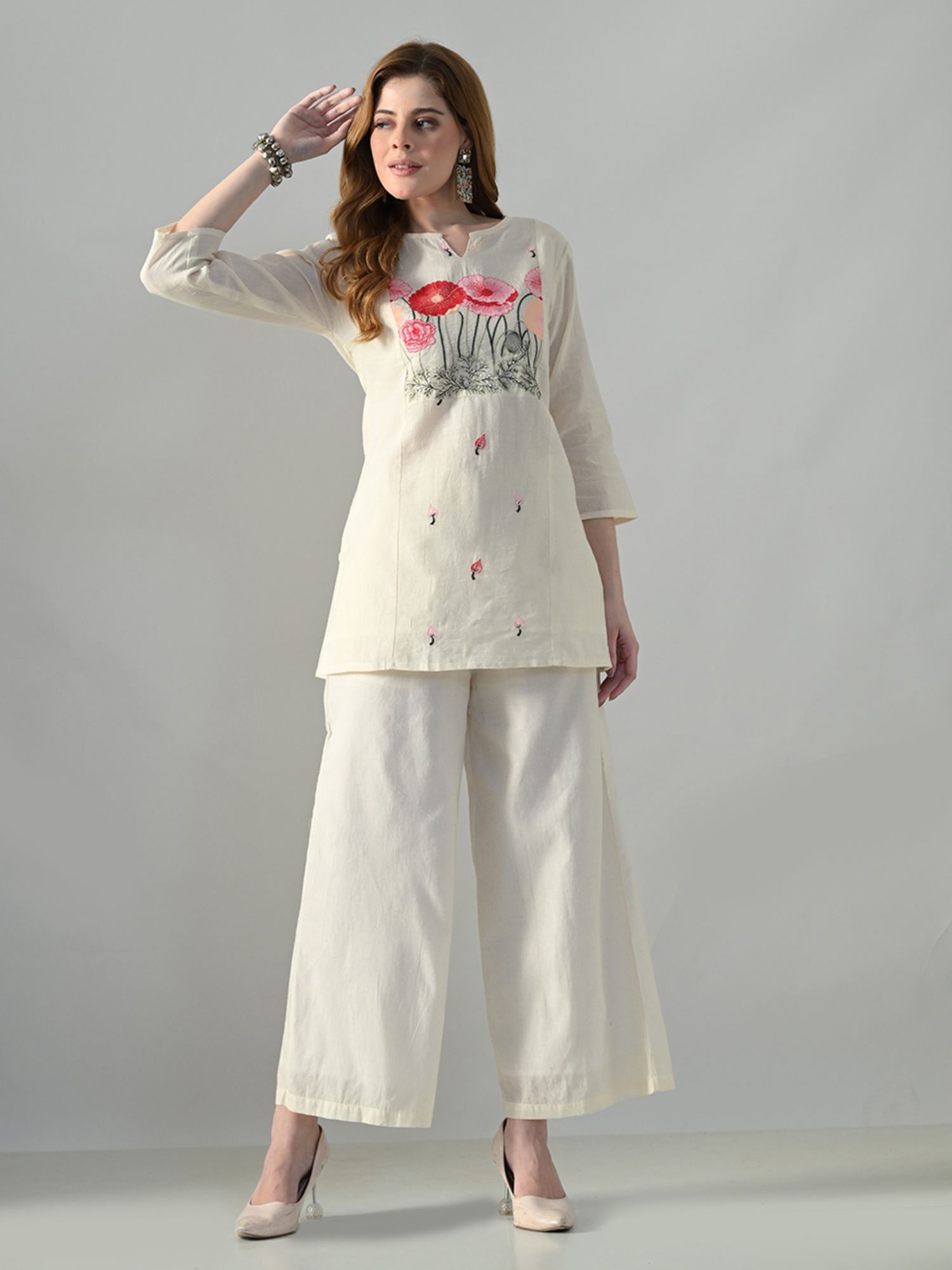 MYSHKA Women Off White Cotton Embroidered Co-Ord Set