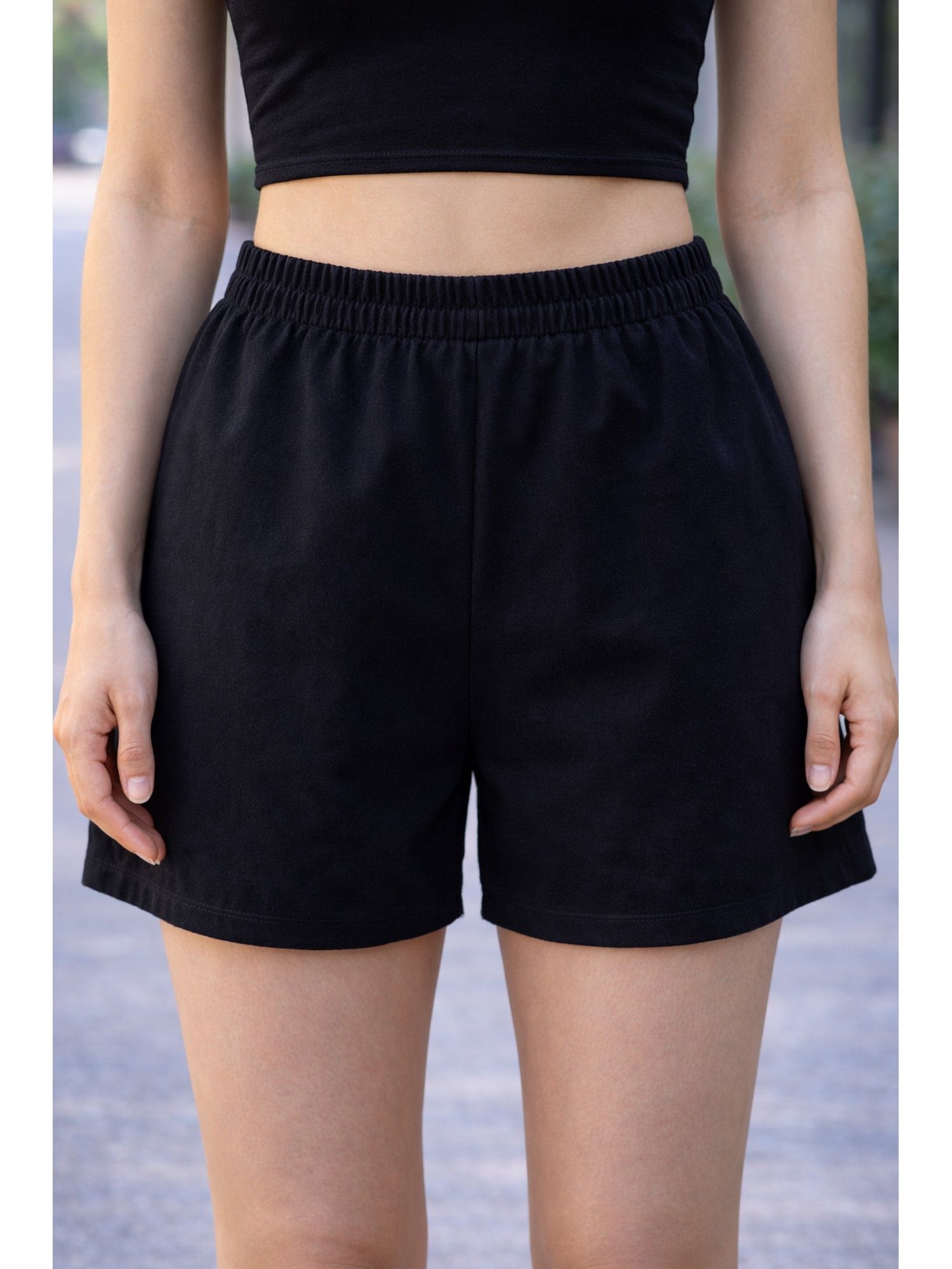 NOBARR Women Black Solid Elastic Waist Casual Shorts