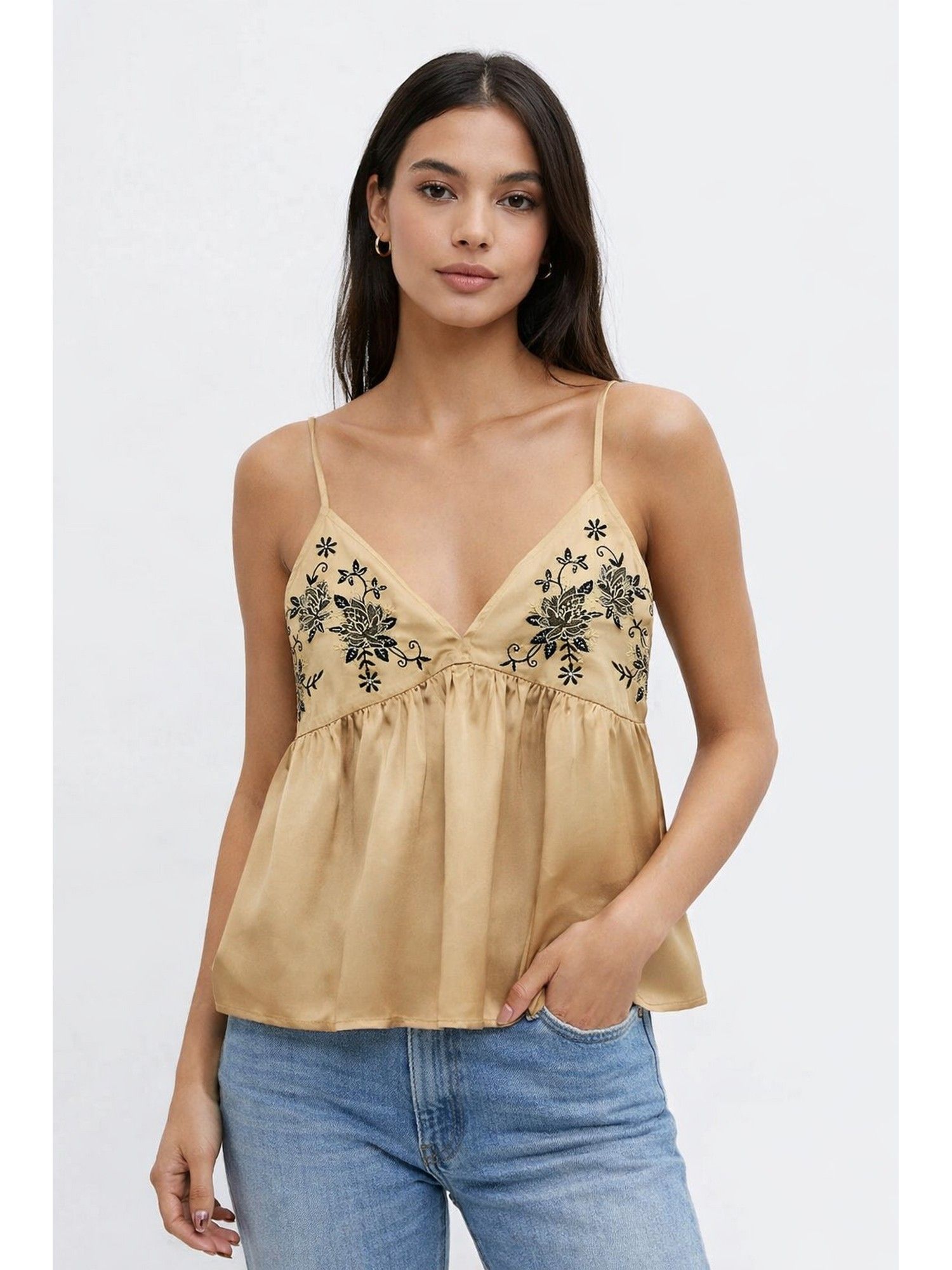 NOBARR Women'S Brown Embroidered Loose Fit Peplum Top