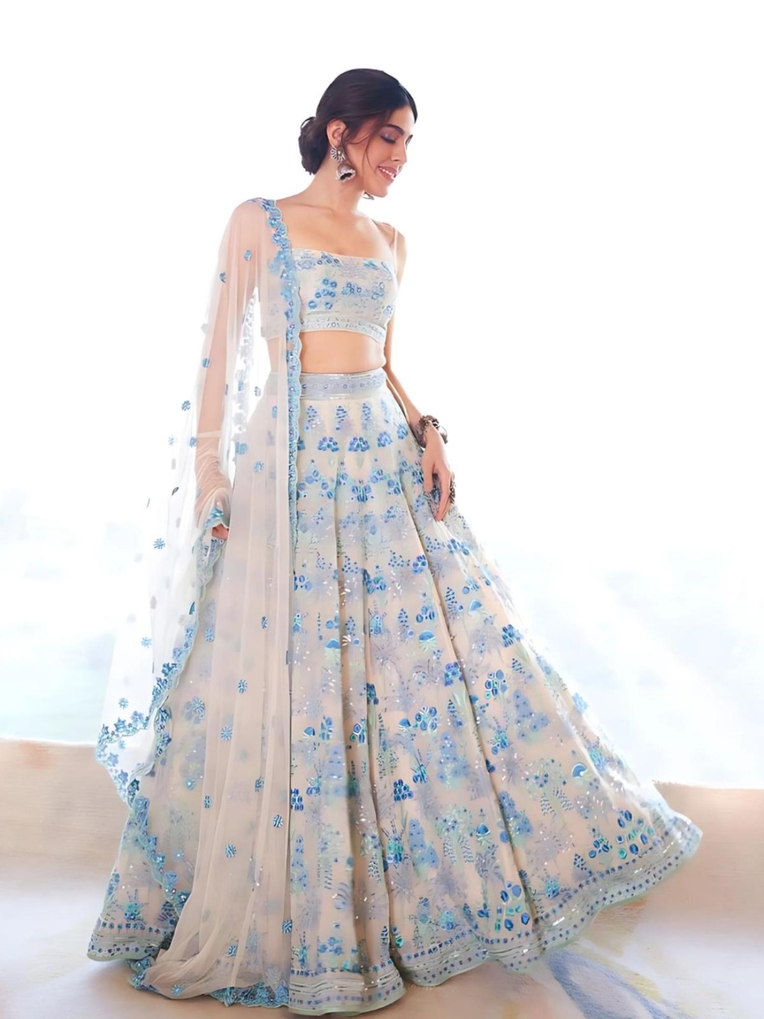 Odette Light Beige Georgette Embroidered Semi-Stitched Lehenga Unstiched Choli with Dupatta