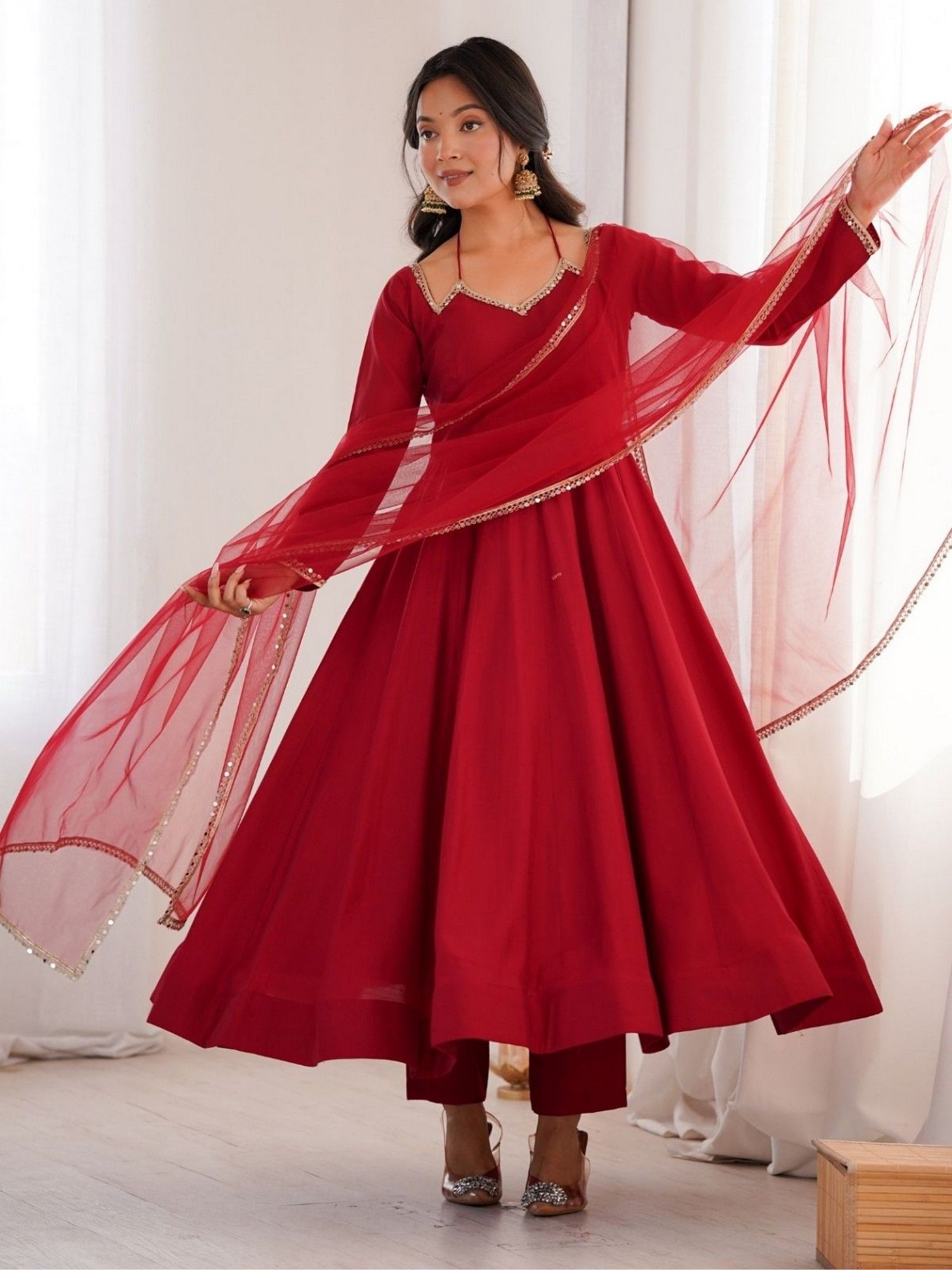 Odette Maroon Silk Blend Embellished Kurta with Pant and Dupatta