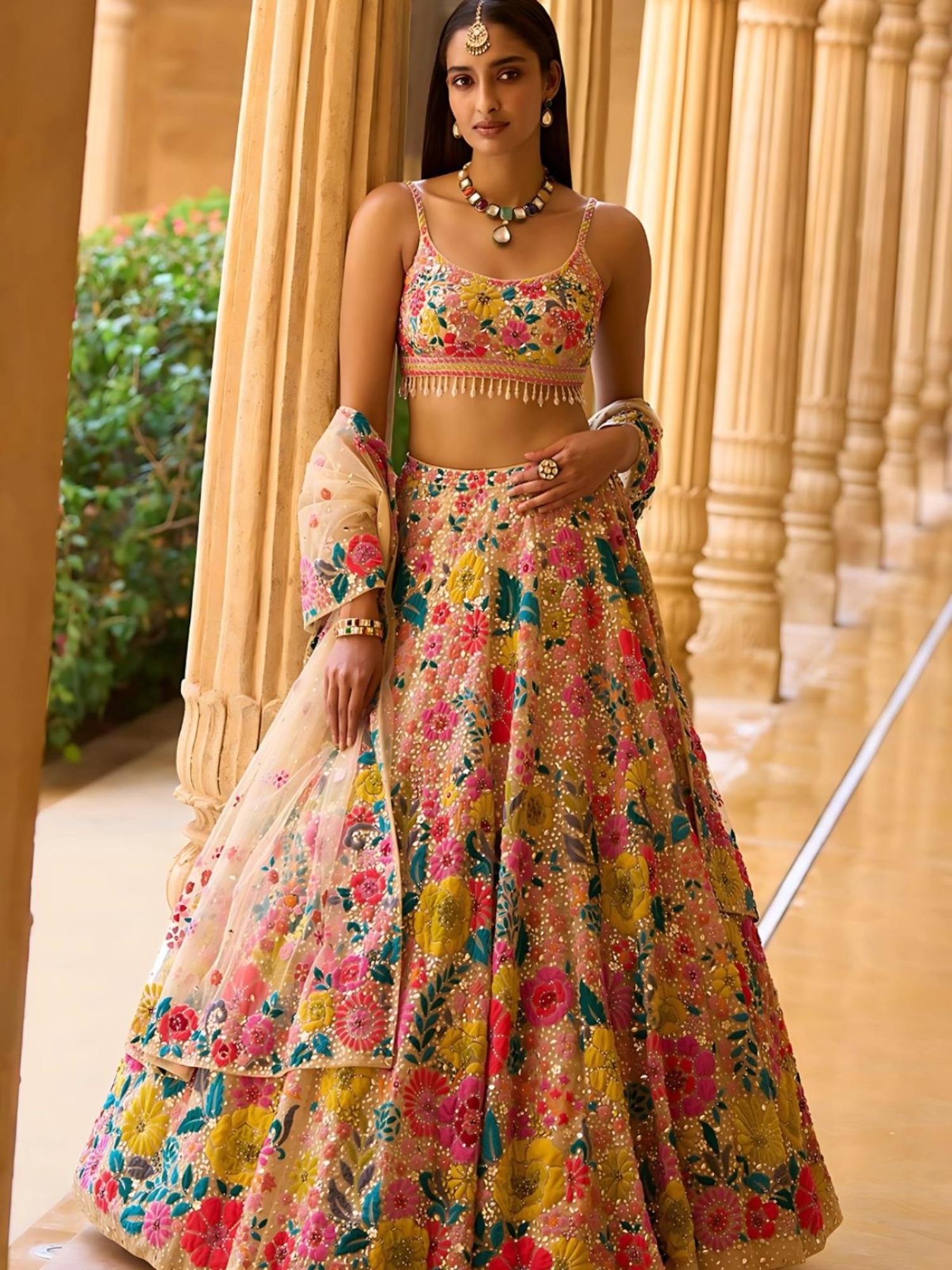 Odette Multicolor Silk Blend Embellished Semi-Stitched Lehenga Unstiched Choli with Dupatta