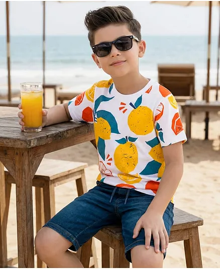 OLLINGTON ST. Cotton Knit Half Sleeves Printed T-Shirt & Stretchable Denim Shorts Set - Multicolour & Indigo