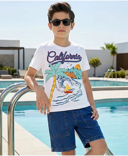OLLINGTON ST. Cotton Knit Half Sleeves T- Shirt & Stretchable Denim Shorts Set - Blue & Indigo