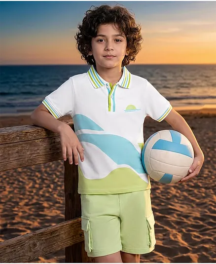 OLLINGTON ST. Cotton Knit Printed Half Sleeve Polo T-Shirt & Shorts -Multicolour & Lime