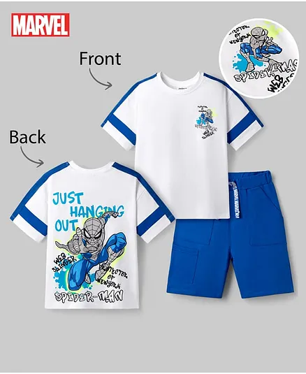OLLINGTON ST. Marvel Single Jersey Knit Drop Shoulder Sleeves T-Shirt & Shorts Set With Front & Back Spiderman Print - White & Blue