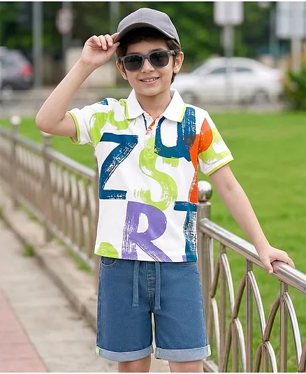OLLINGTON ST. Sinker Knit Half Sleeves Polo T-Shirt & Shorts With Alphabet Print - Multicolor
