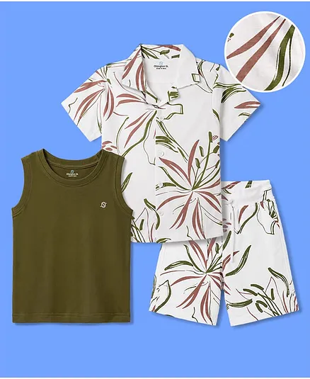 OLLINGTON ST. Sinker Knit Half Sleeves Shirt & Shorts Co-Ord Set With Tank T-Shirt & Floral Print - Olive Green