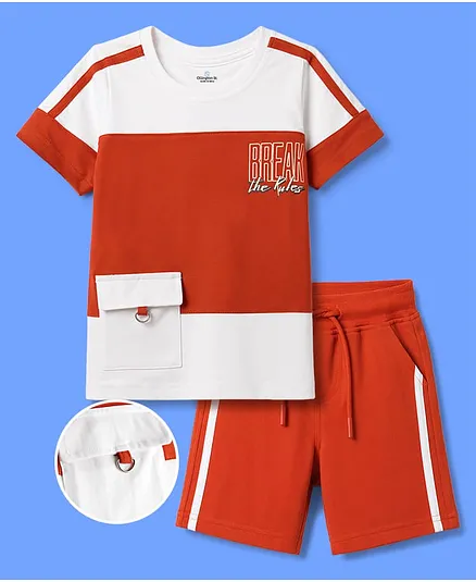 OLLINGTON ST. Sinker Knit Half Sleeves T-Shirt & Shorts Set With Text Print - Multicolor