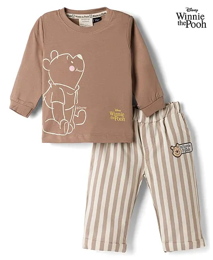 Ollypop Disney Sinker Knit Full Sleeves T-Shirt & Pant Set With Stripes & Winnie The Pooh Graphics - Tan