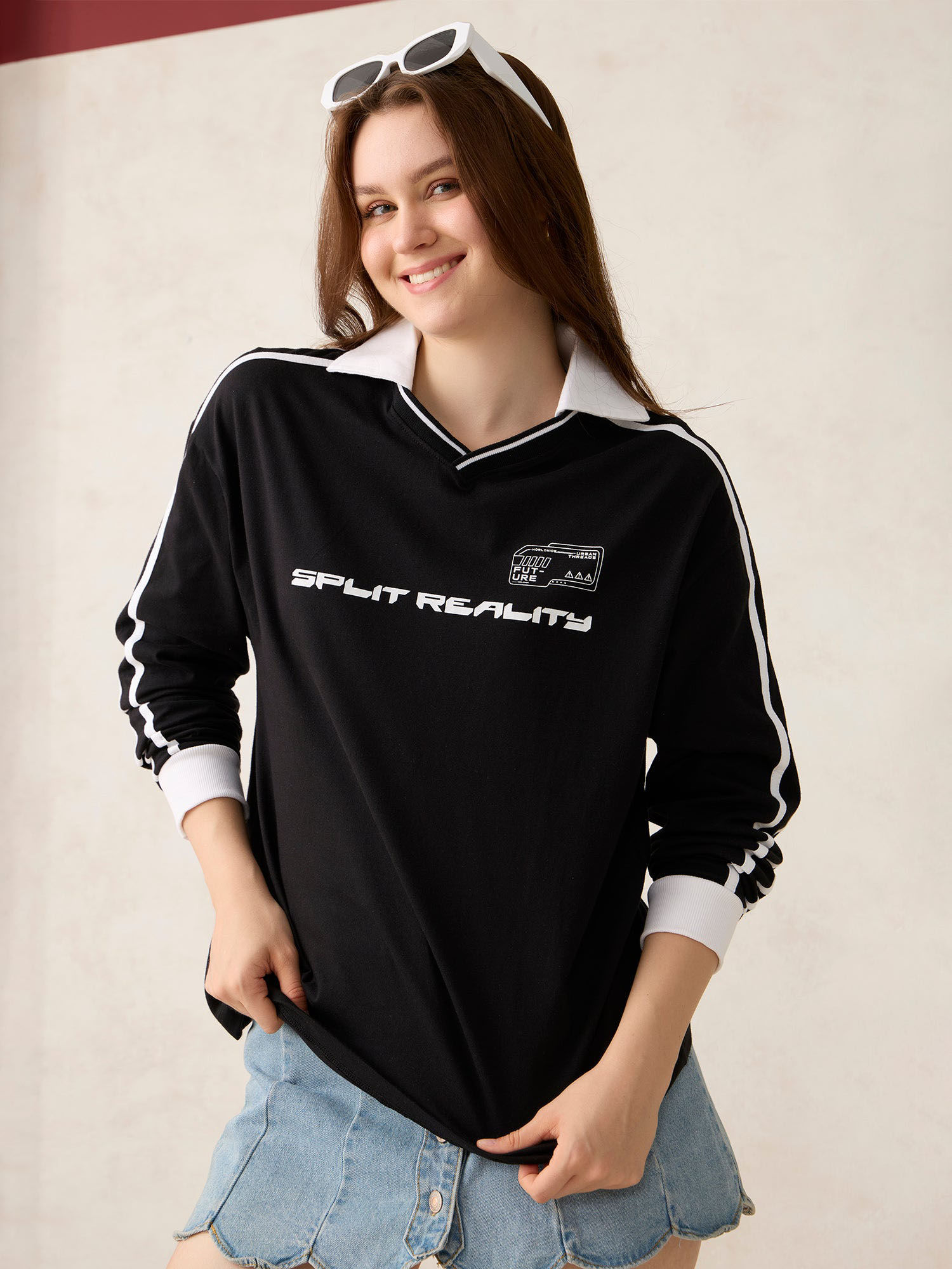 Outzidr Black Cotton Varsity Oversized Street Wear T-Shirt